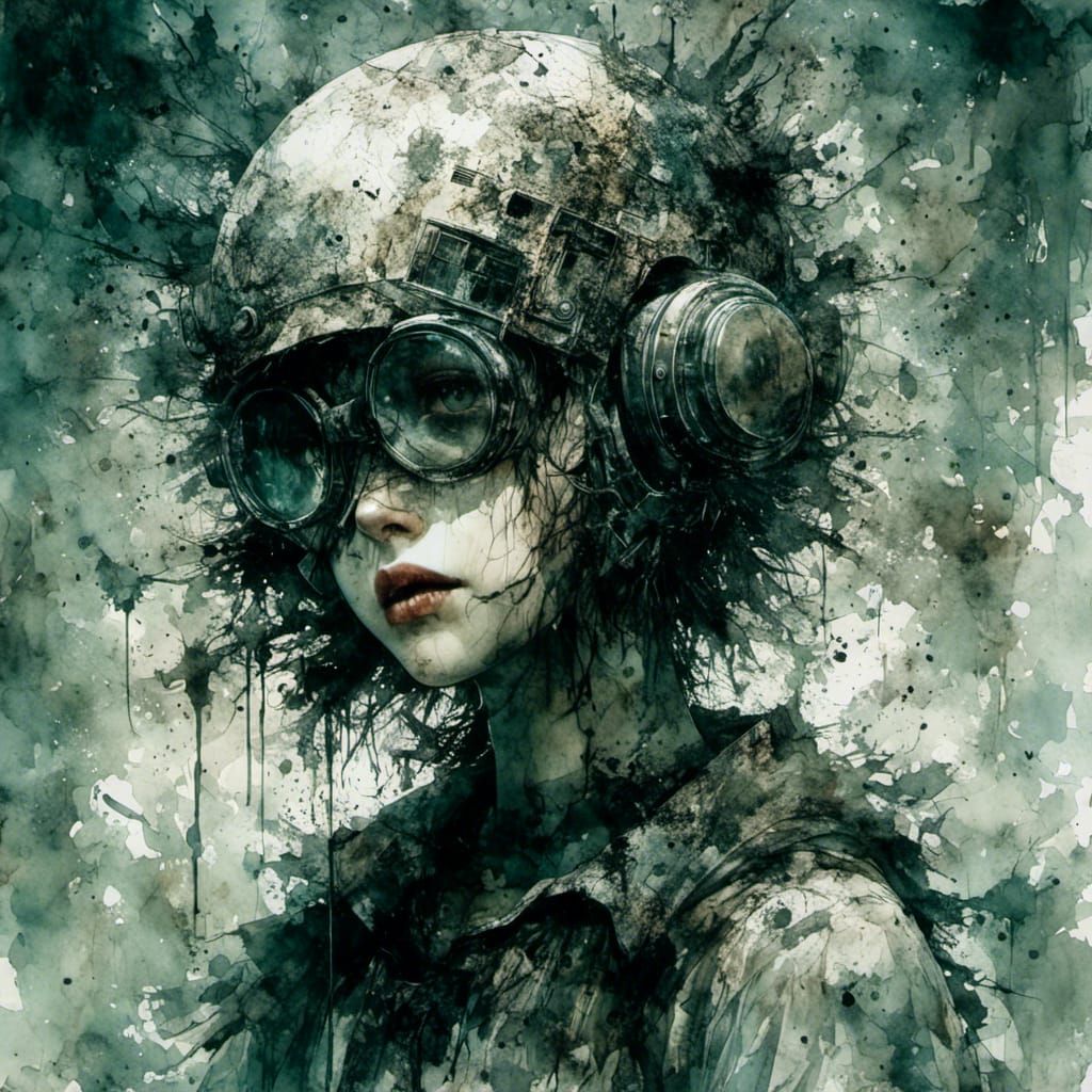 Surreal Girl with Helmet and Goggles in Watercolor