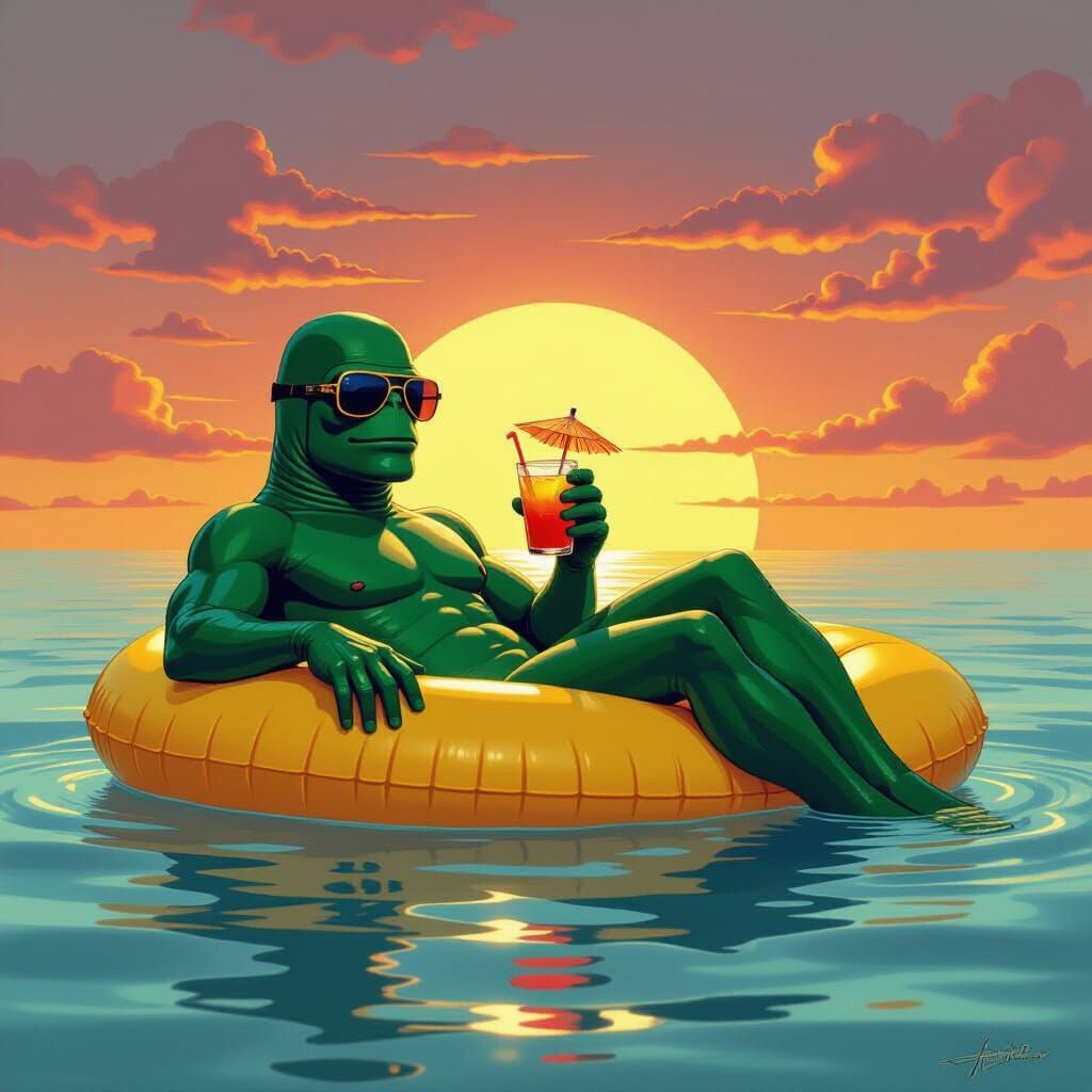 Gill-Man Relaxing on Yellow Float with Sunglasses