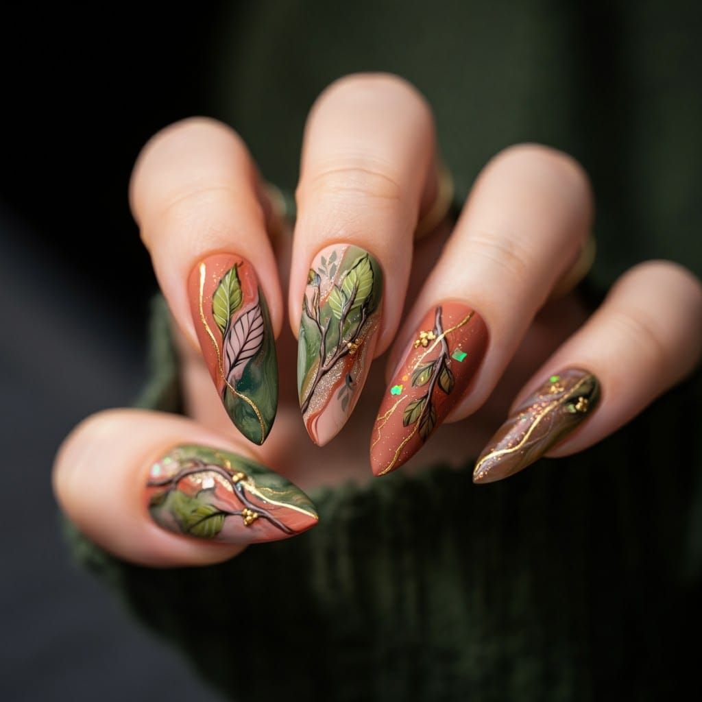 Organic Floral Nail Art with Gold Details