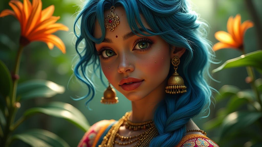 Hyper-Realistic Indian Princess in Vibrant Blue Hair