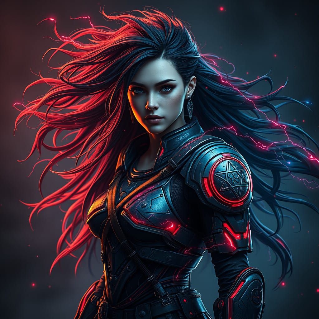 Cyberpunk Warrior Goddess Radiates Inner Light and Determina...