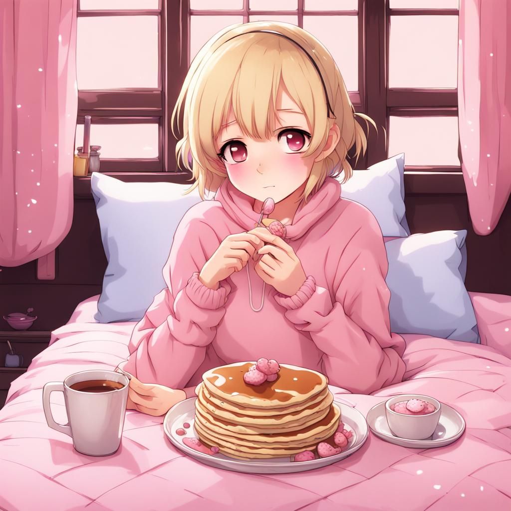 Girl Enjoys Pancakes in Bed, Anime Style
