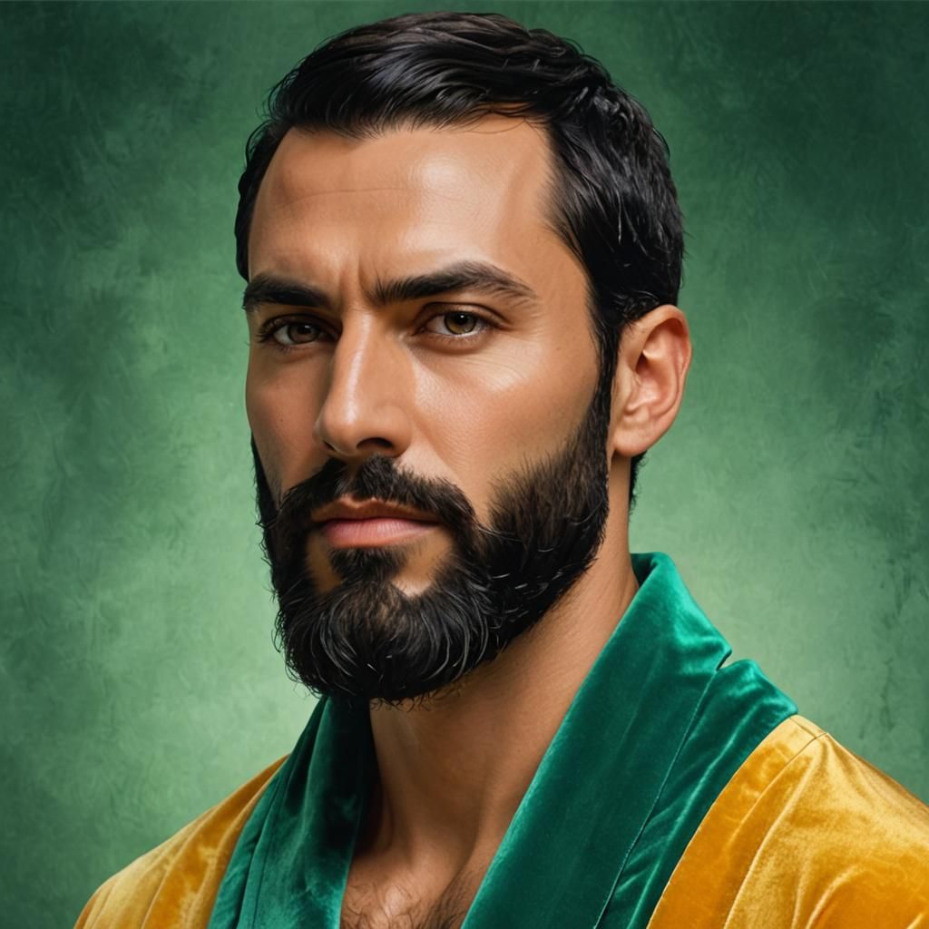 Handsome Bearded Man in Golden Velvet Bathrobe
