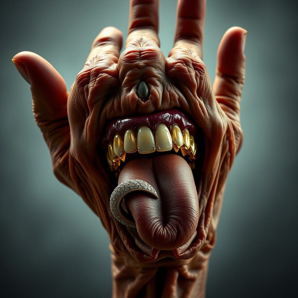 Aged Hand with Gold Teeth and Diamond Tongue