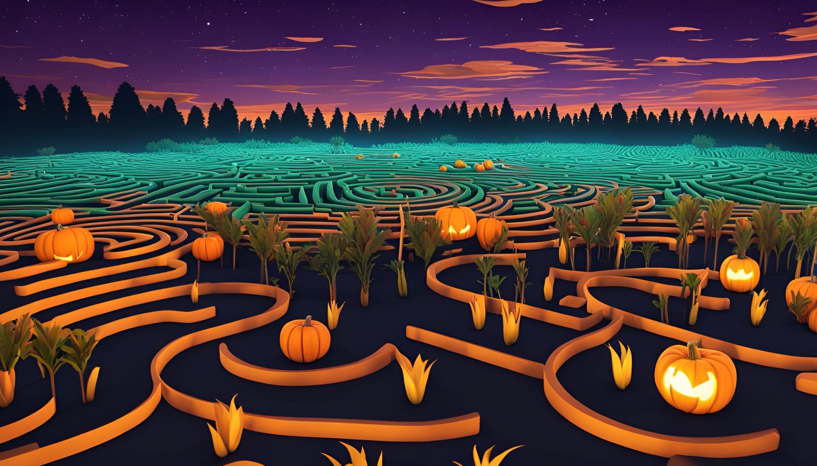 Magical Harvest Moon Maze at Night: 3D Render