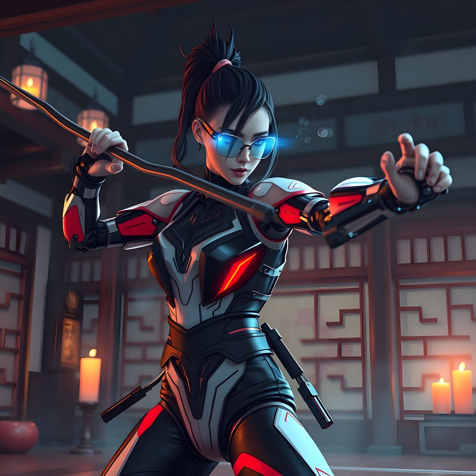 Cyborg Woman in Vibrant Dojo Setting