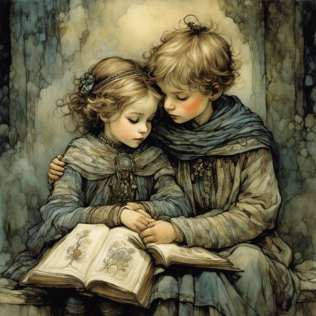 Brother Comforts Sister: Whimsical Illustration