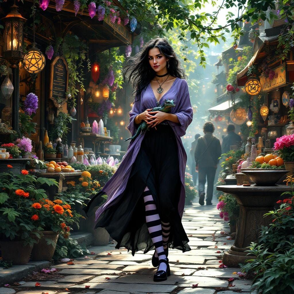 Woman with Dragon on Pagan Street, Art Nouveau Style