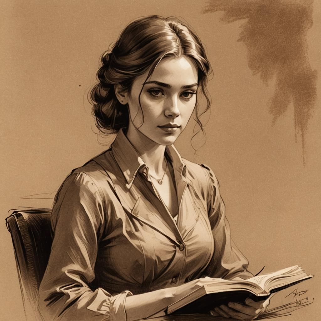 Sepia Sketch of Young Woman Reading