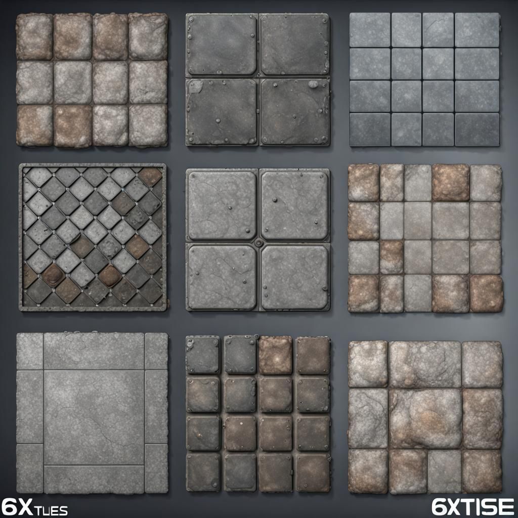 6 x 6 seamless tiles texture sheet, sidewalk, concrete, steel grate, sci-fi floor, store mat. 8k PBR RTX HDR 2d game. op...