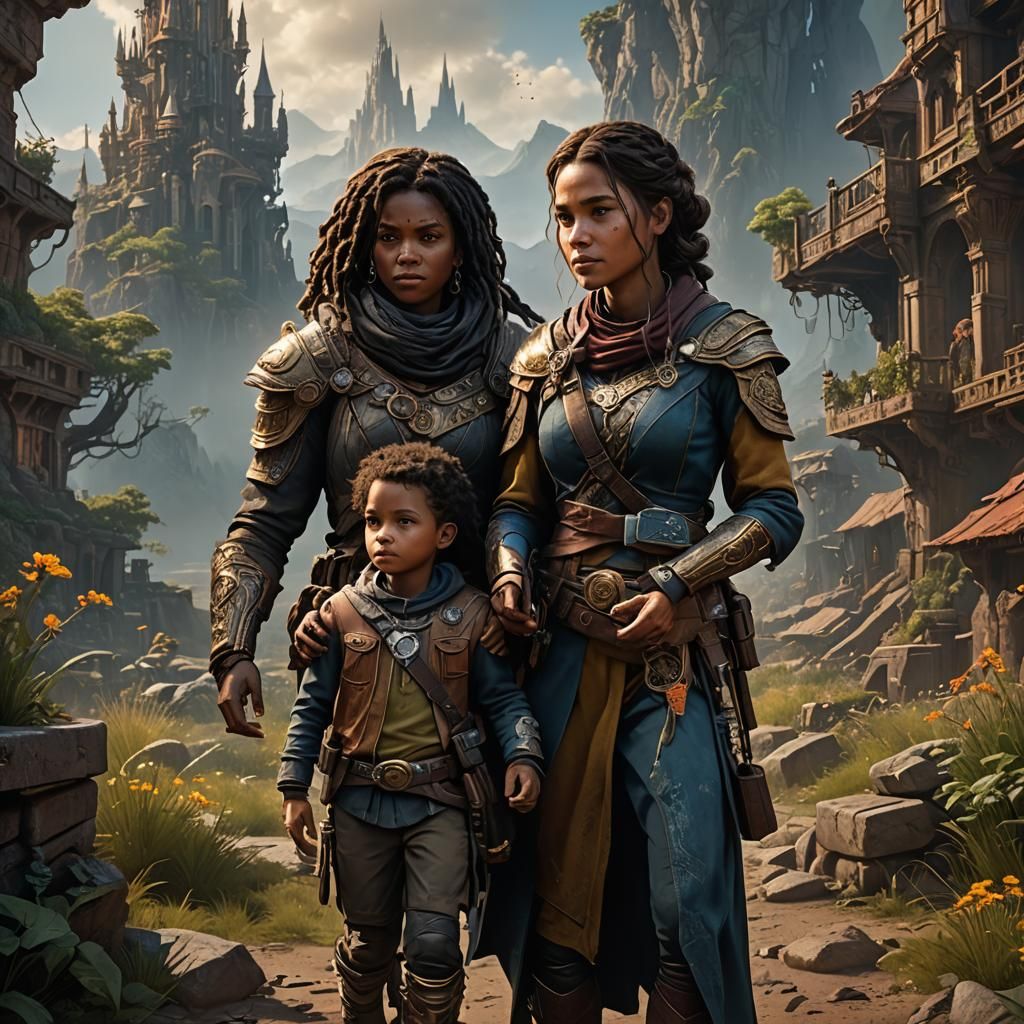 Resilient Single Mother and Child: Fantasy Concept Art