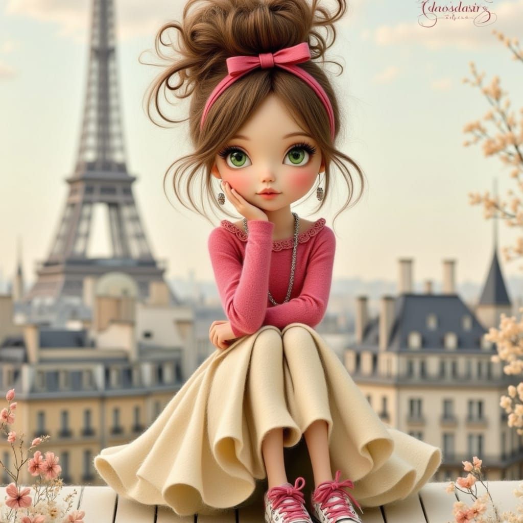 Dreamy Parisian Girl by Eiffel Tower in Painterly Style