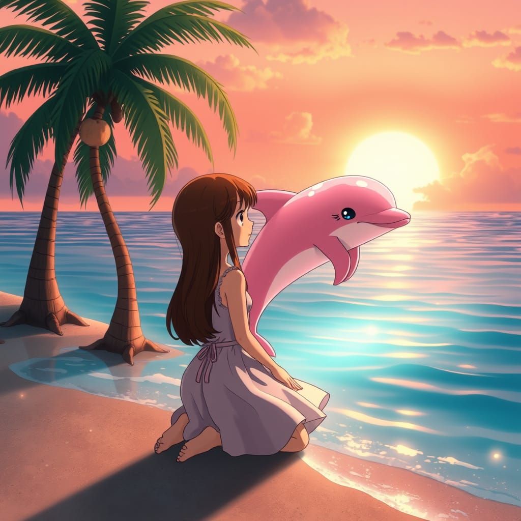 Anime Girl and Dolphin at Tropical Sunset