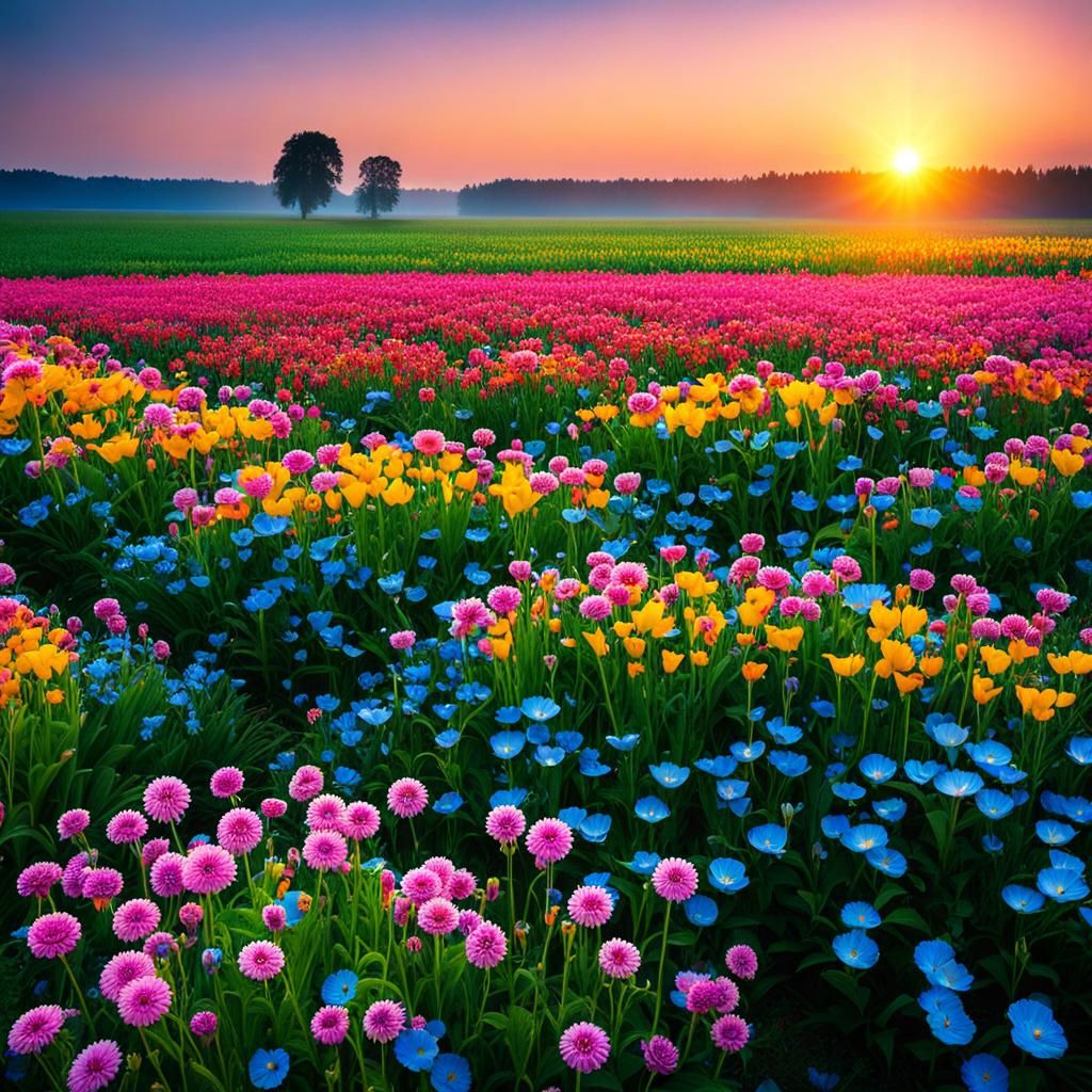 Dreamscape: Flower Field Under Morning Light