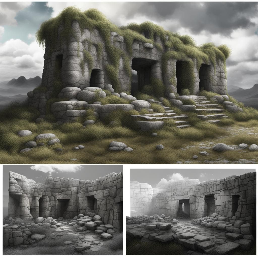 Grayscale Pointillist Ruins Under Vast Sky