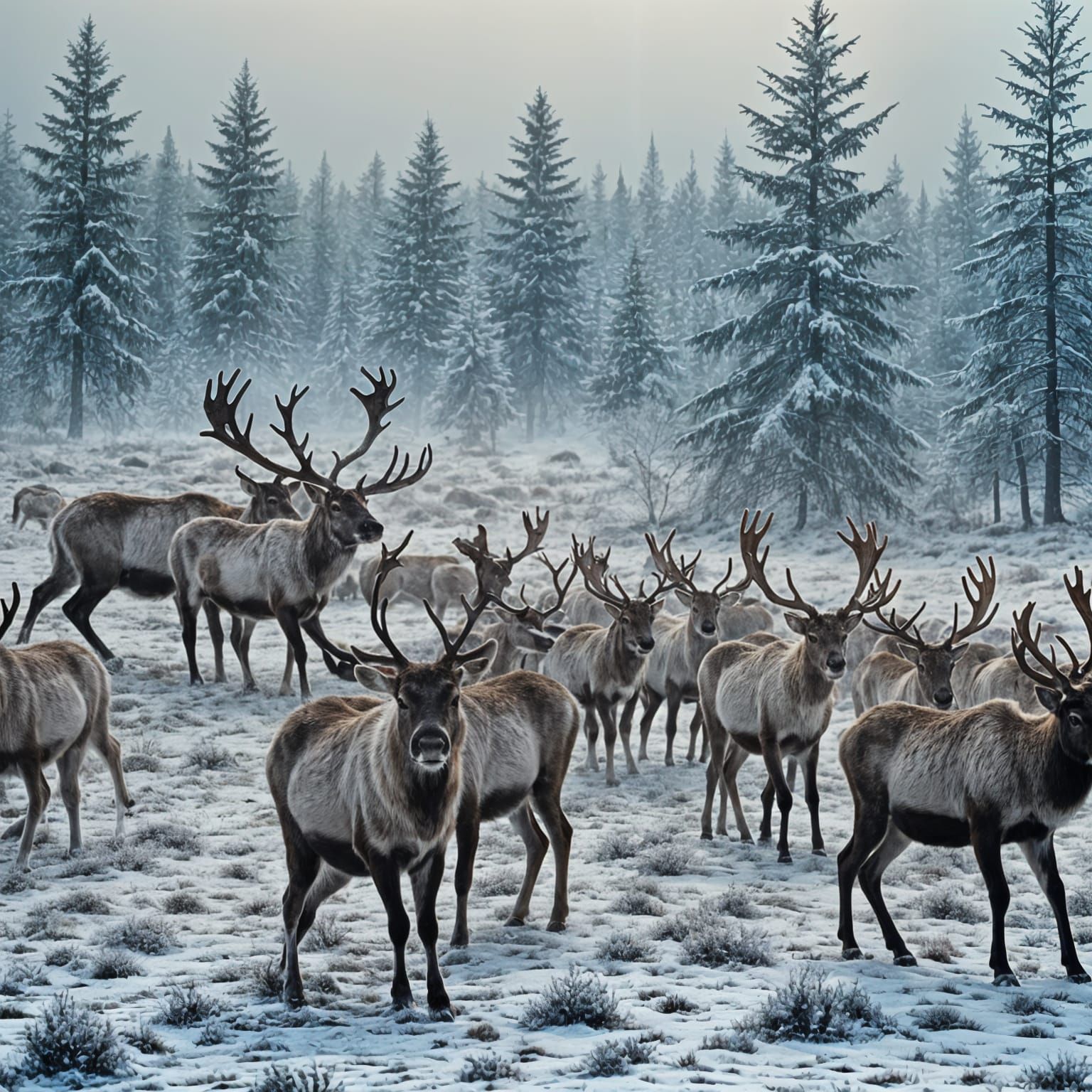 Reindeer Herd in Frosty Landscape: Cinematic Film Still