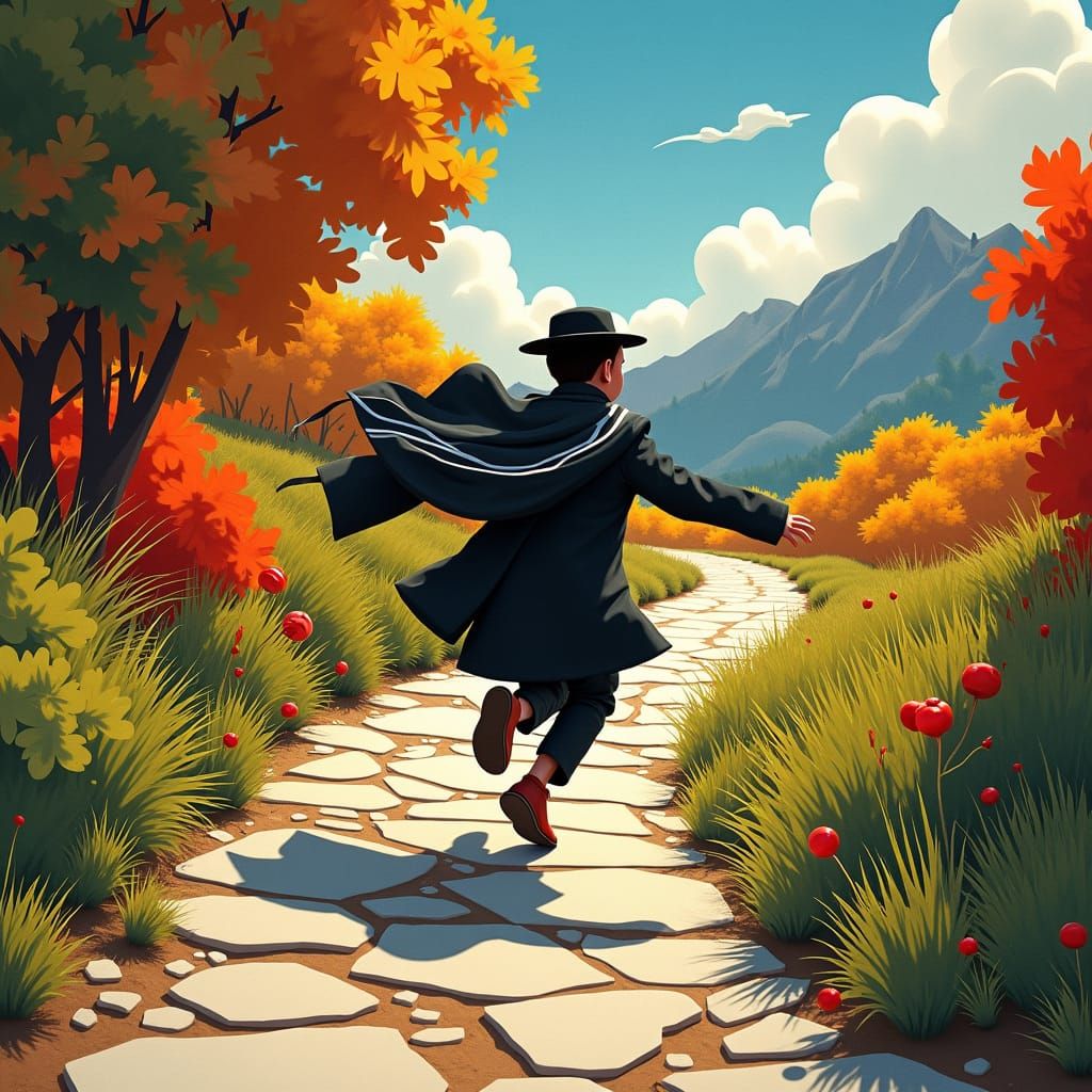 Boy Running on Path in Neo-Cubist Style