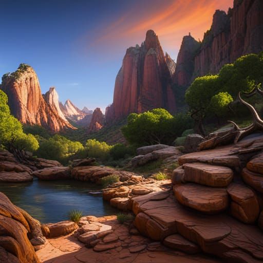 Zion National Park with Dinosaurs in Detailed Matte Painting