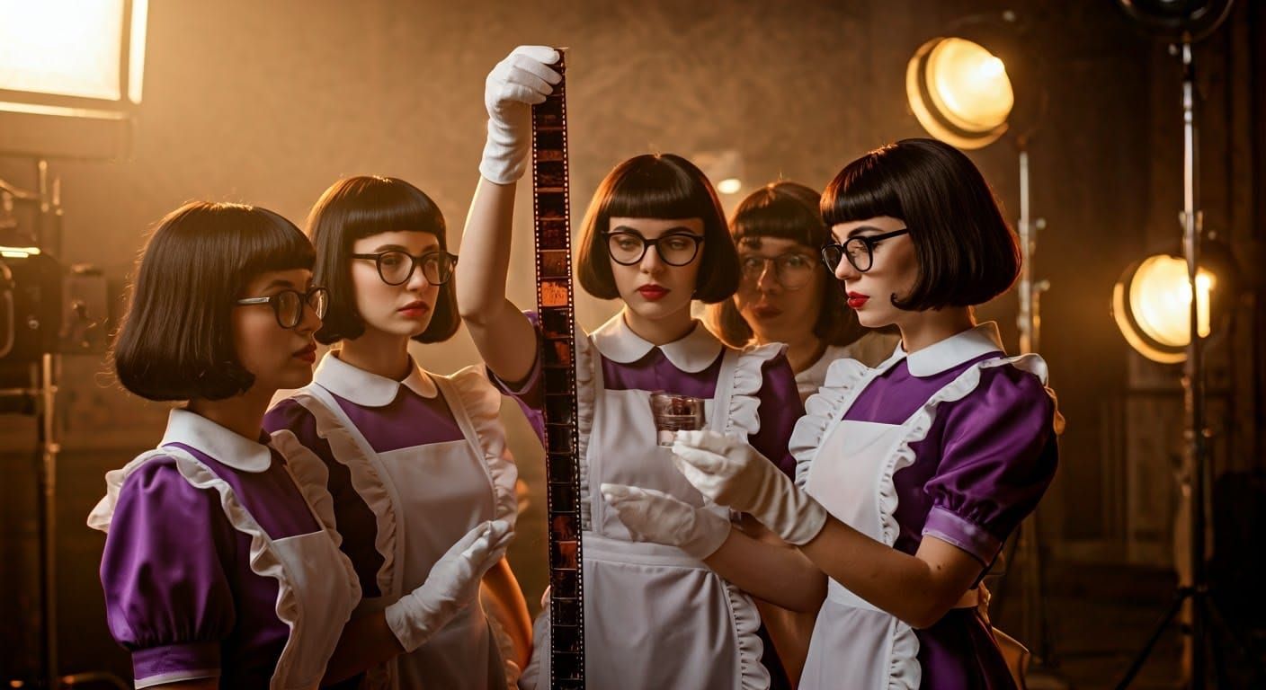 Women Examining Film Strip in Retro Cinematic Style