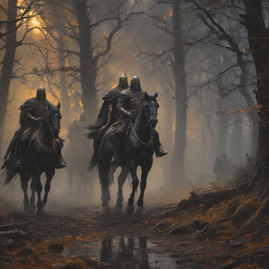 Gothic Cavalry in Mystical Forest, Oil Painting Style