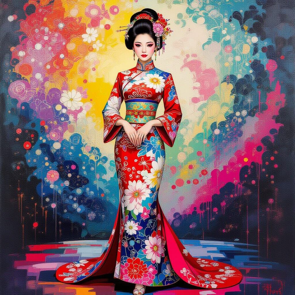 Chinese Woman in Cheongsam with Kaleidoscopic Art