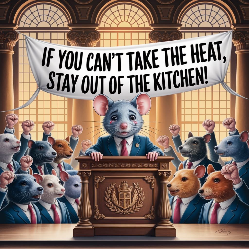 Mouse Politician's Parliament Protest: Gouache Caricature