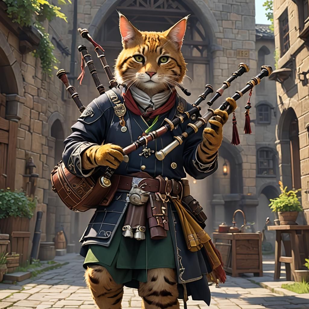 Anime-Style Tabaxi Bard with Bagpipe