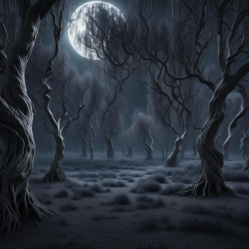 Enchanting Whispering Willow Forest in Moonlight