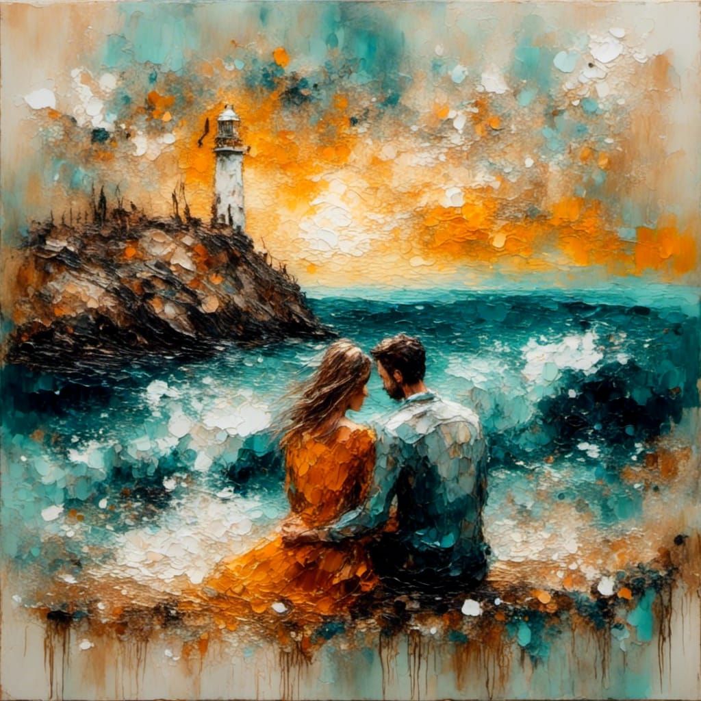 Couple Gazing at Lighthouse as Acrylic Painting