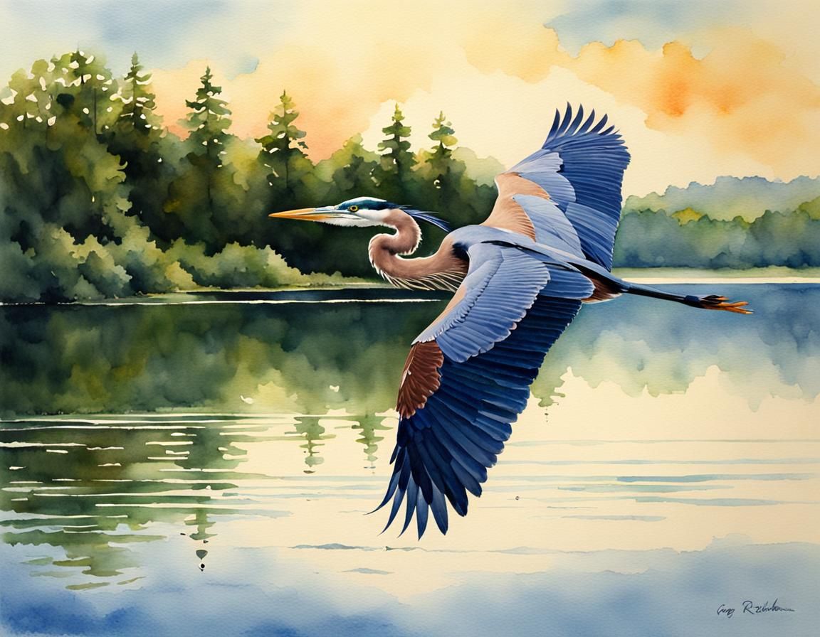 Blue Heron Gliding Over Lake, Watercolor Style