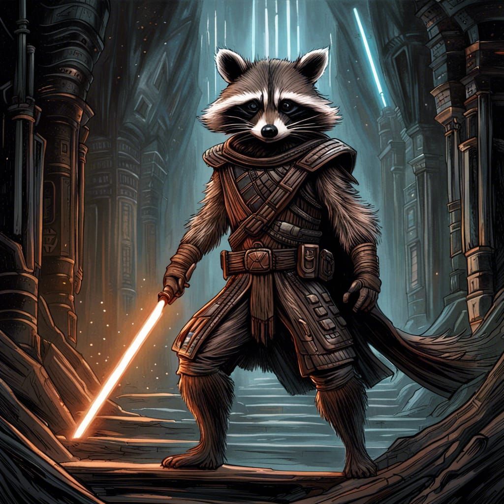 Raccoon Jedi Knight: Epic Cinematic Digital Art