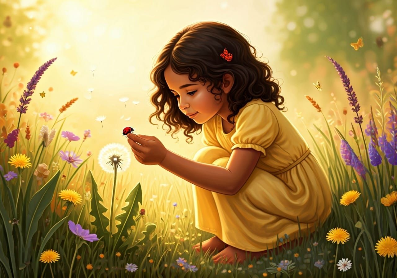 Child and Ladybug in Meadow, Storybook Illustration