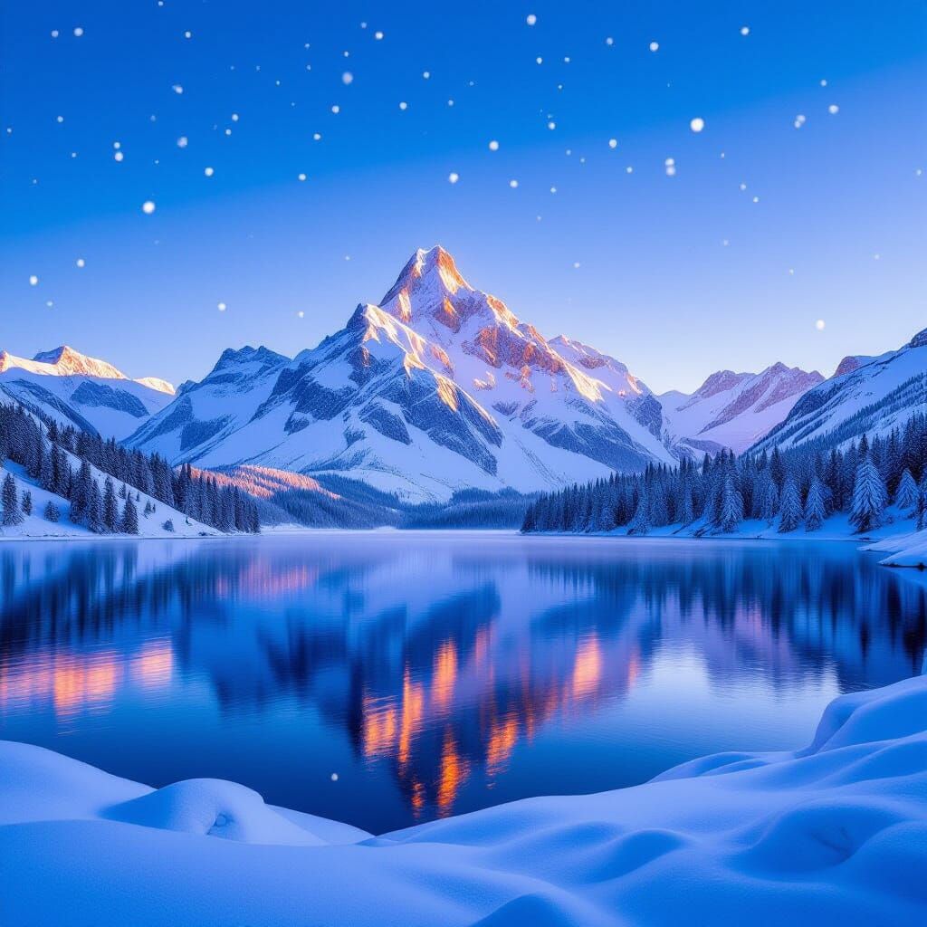 Majestic Snowy Mountain Peak at Sunset Over Mirror Lake
