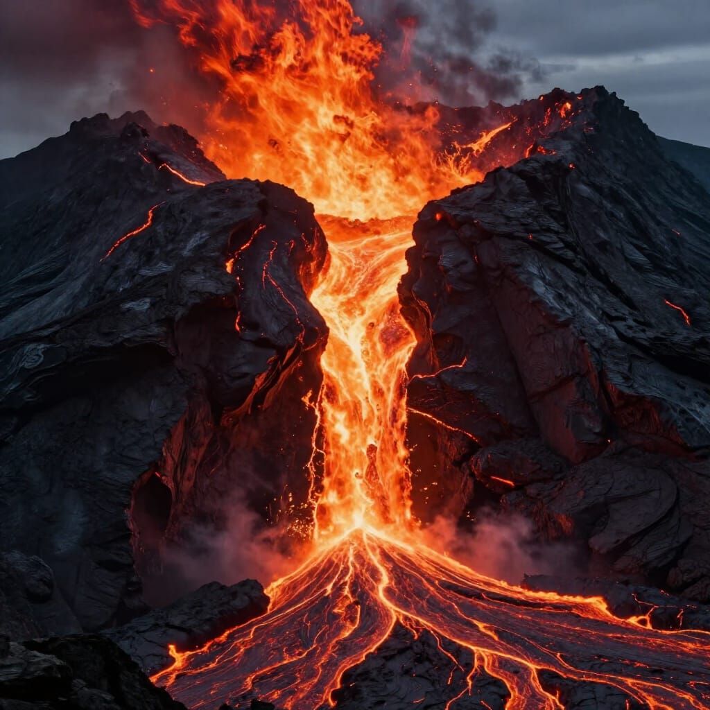 Epic Fantasy Mountain Split by Lava Flow