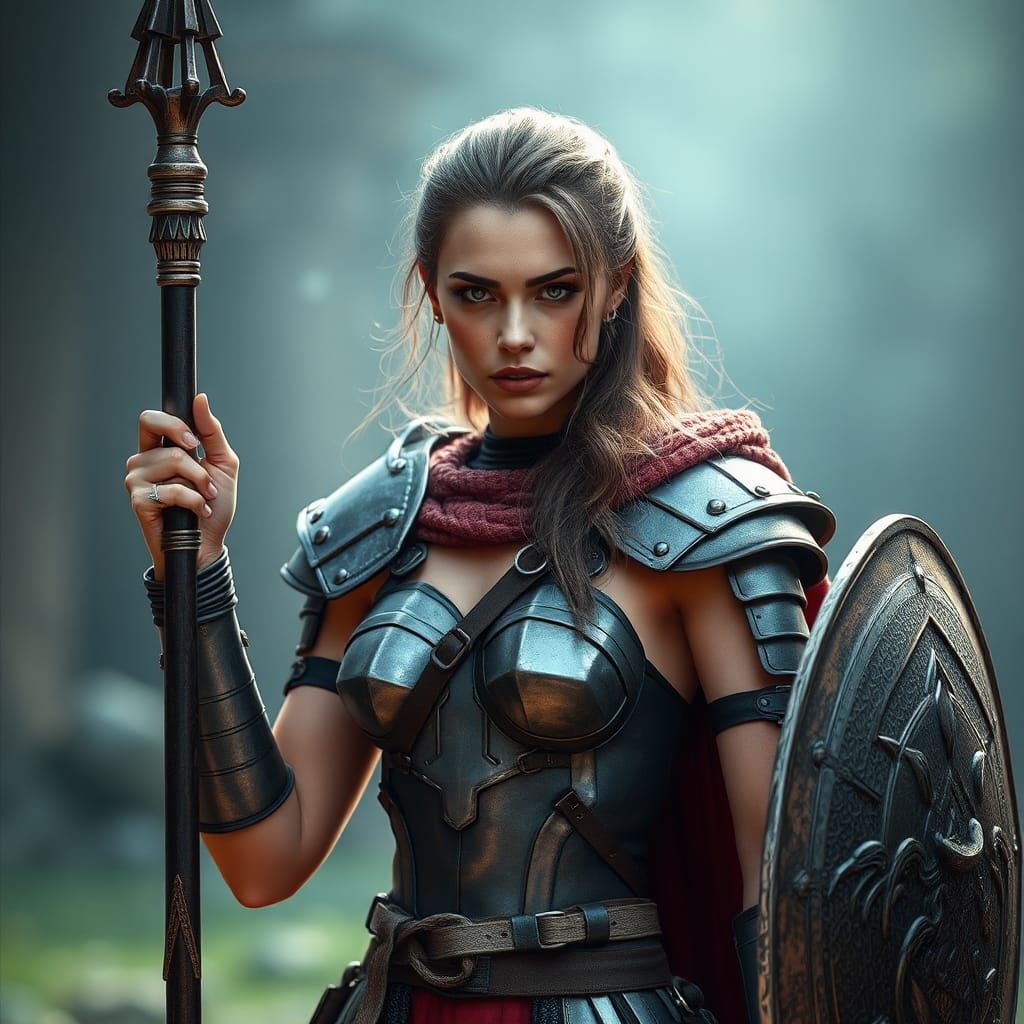 Armored Woman Posing with Lance