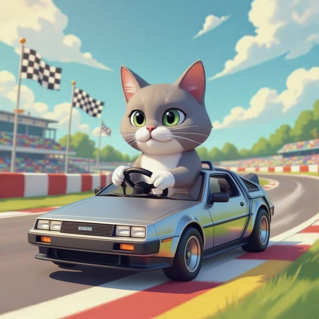 Grey Cat Drives Colorful Mario Kart with Milk Moustache