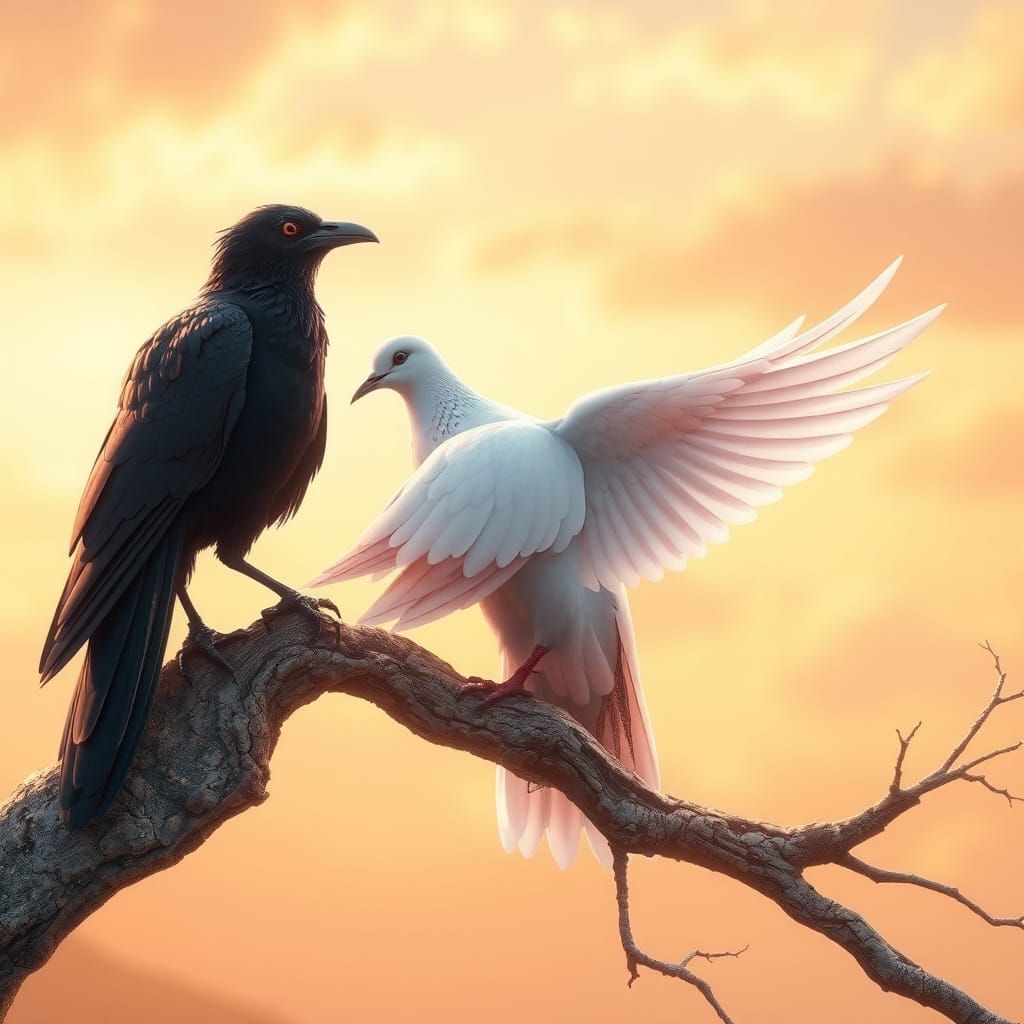 Dove and Crow in Japanese Garden Style