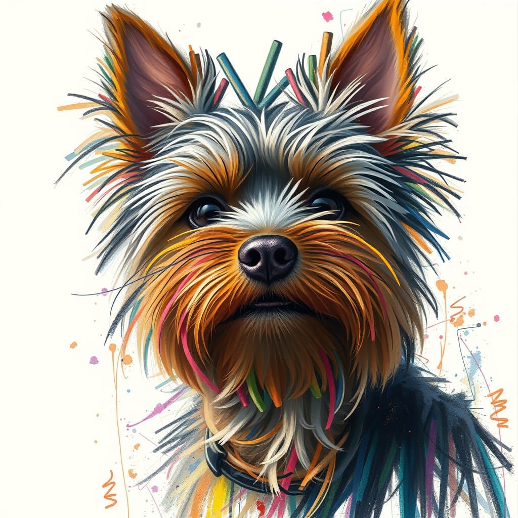 Raw Yorkie Portrait in Vibrant Oil Pastel Crayon