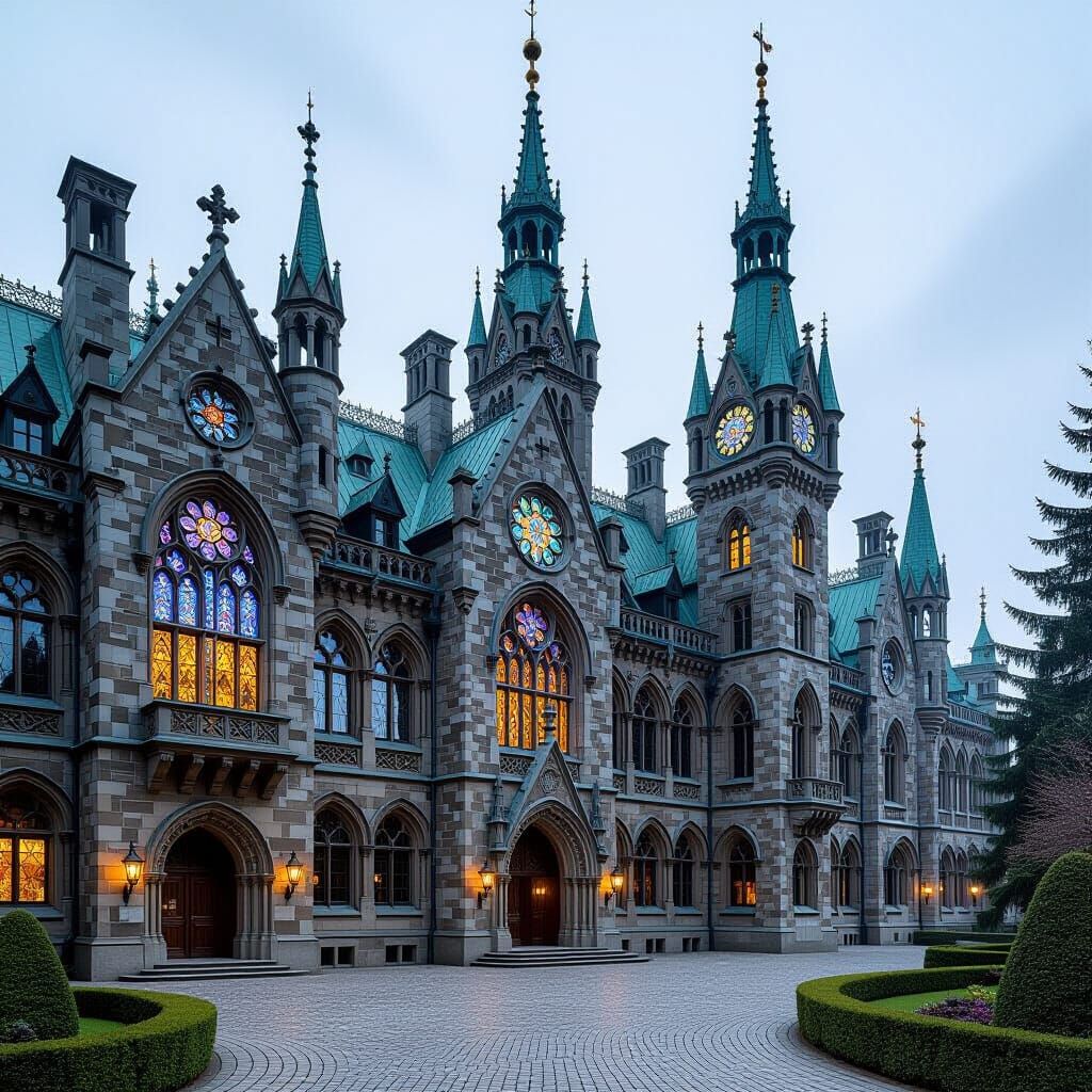 Gothic University Buildings in Romantic Landscape Style