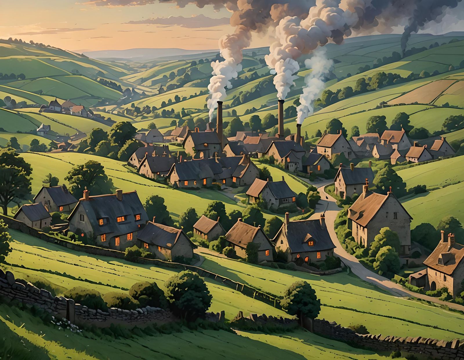 Picturesque Village at Dusk in Green Hills