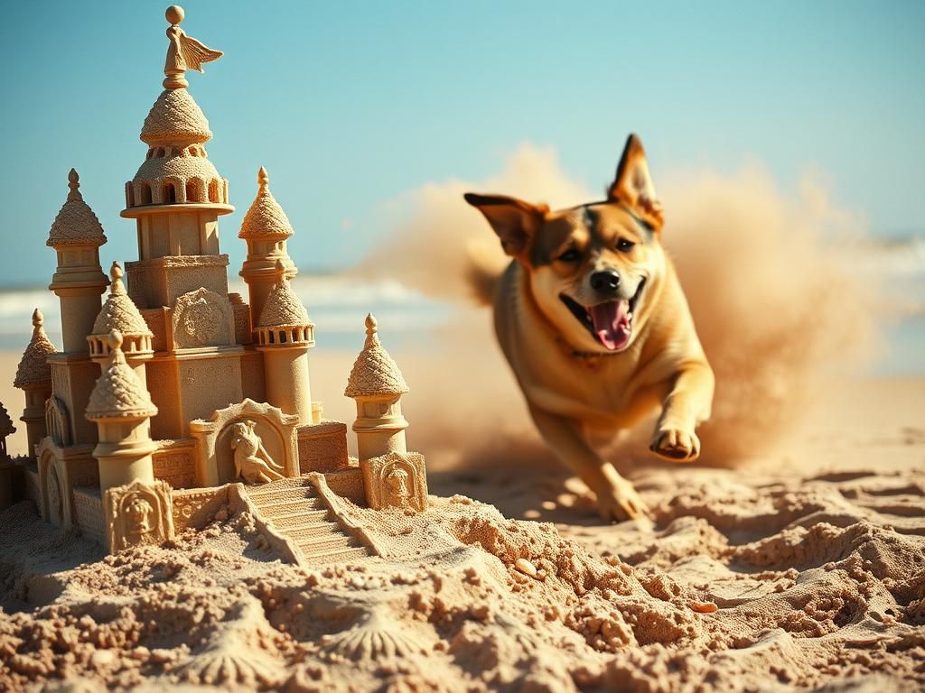 Sandcastle and Dog on a Sunny Beach