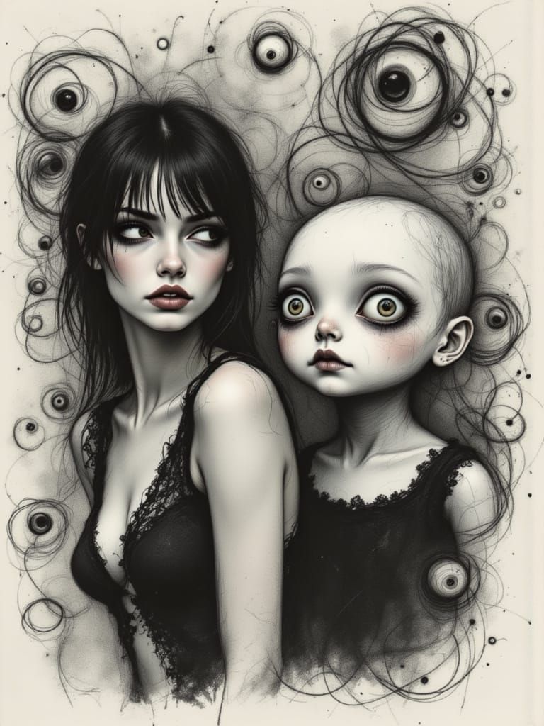 Gothic Scene: Woman and Creepy Doll in Charcoal Sketch