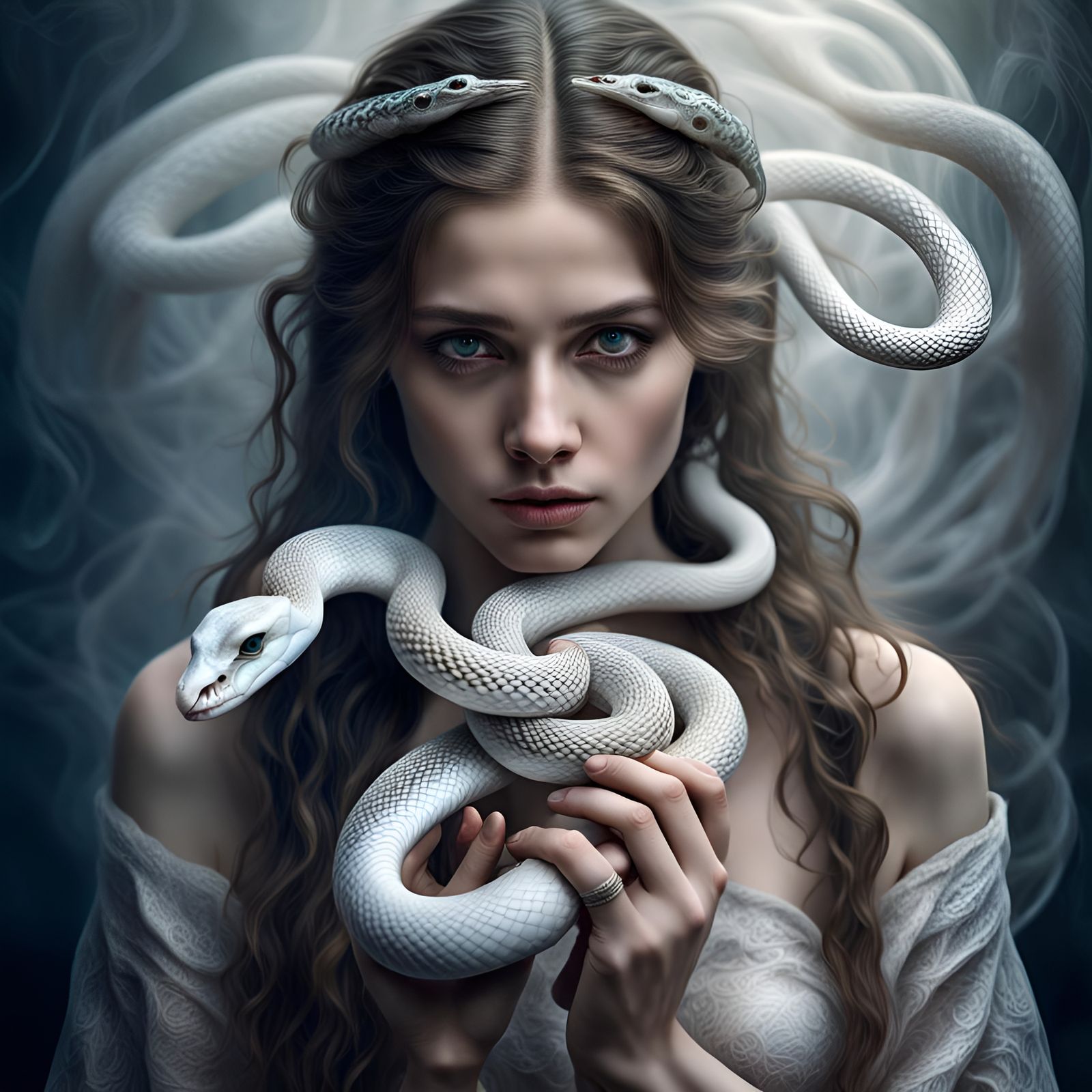 Woman with White Snake in Detailed Photo