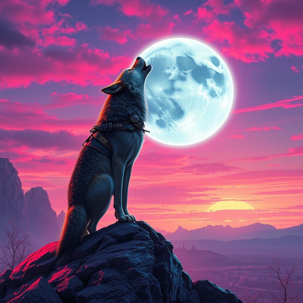 Wolf Howling at Retrowave Moon in Electric Sunset