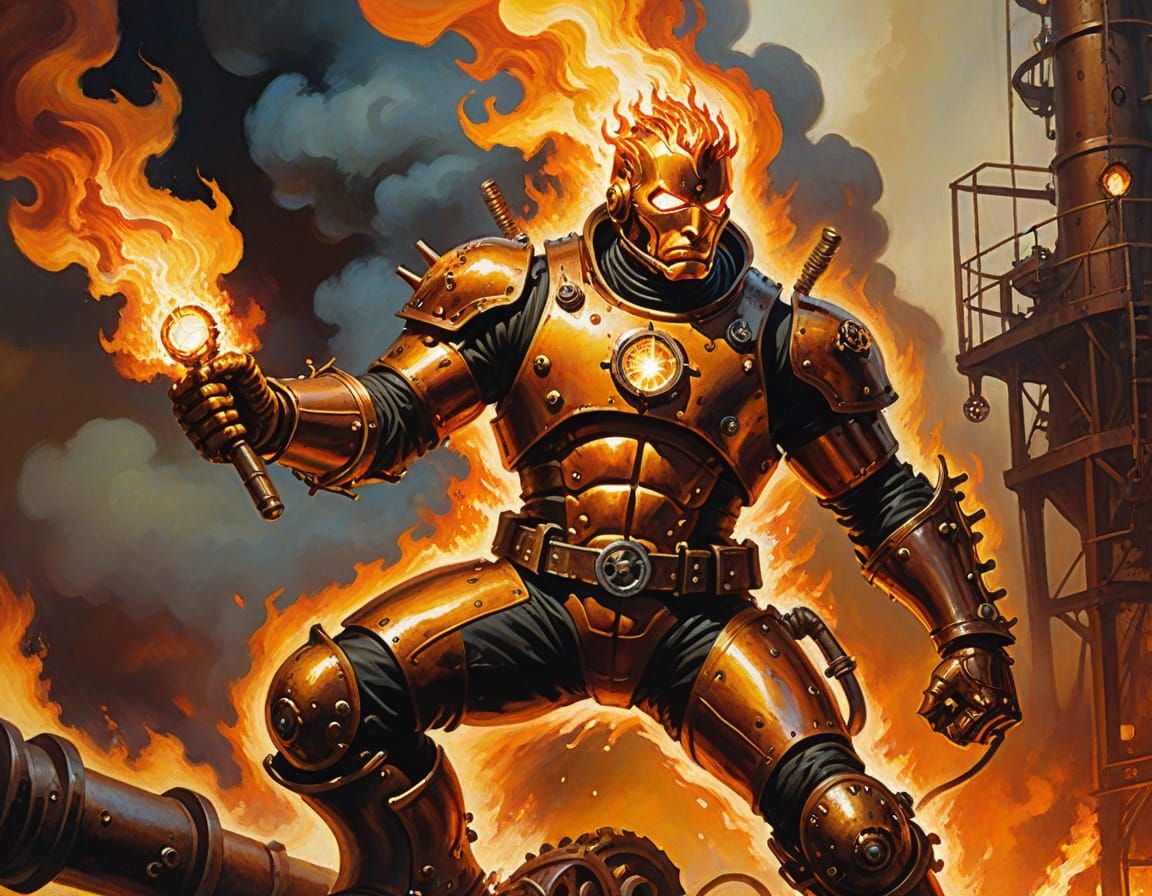 Steampunk Human Torch in Smoldering Refinery Painting