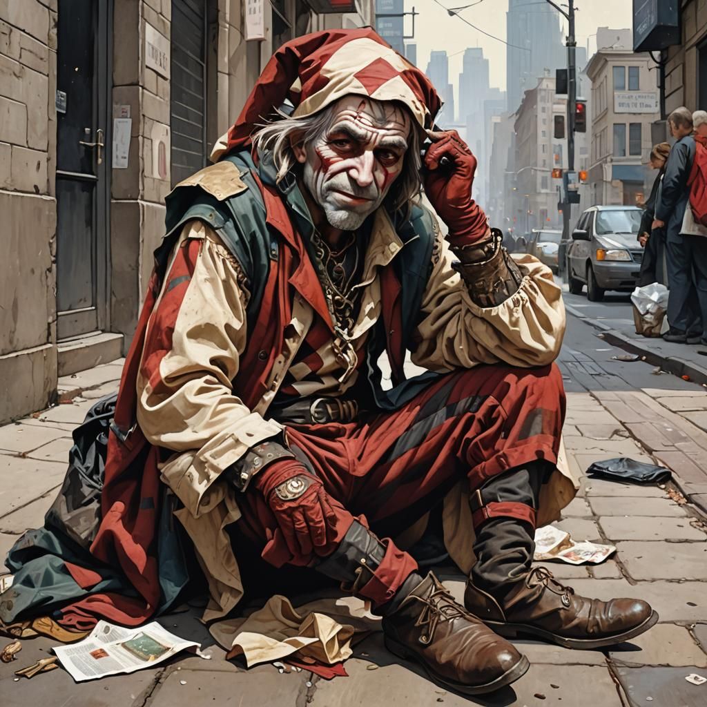 Homeless Jester Begging in City Street Scene