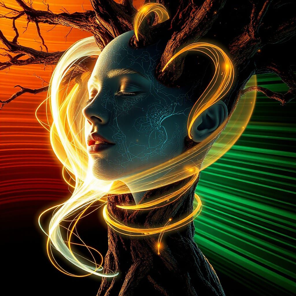 Ethereal Woman Integrated Into Tree, Bioluminescent