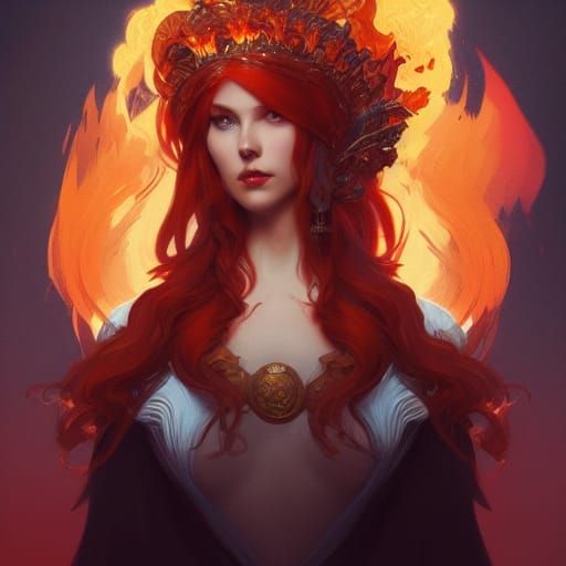 Detailed Fire Queen Portrait in Art Nouveau Style
