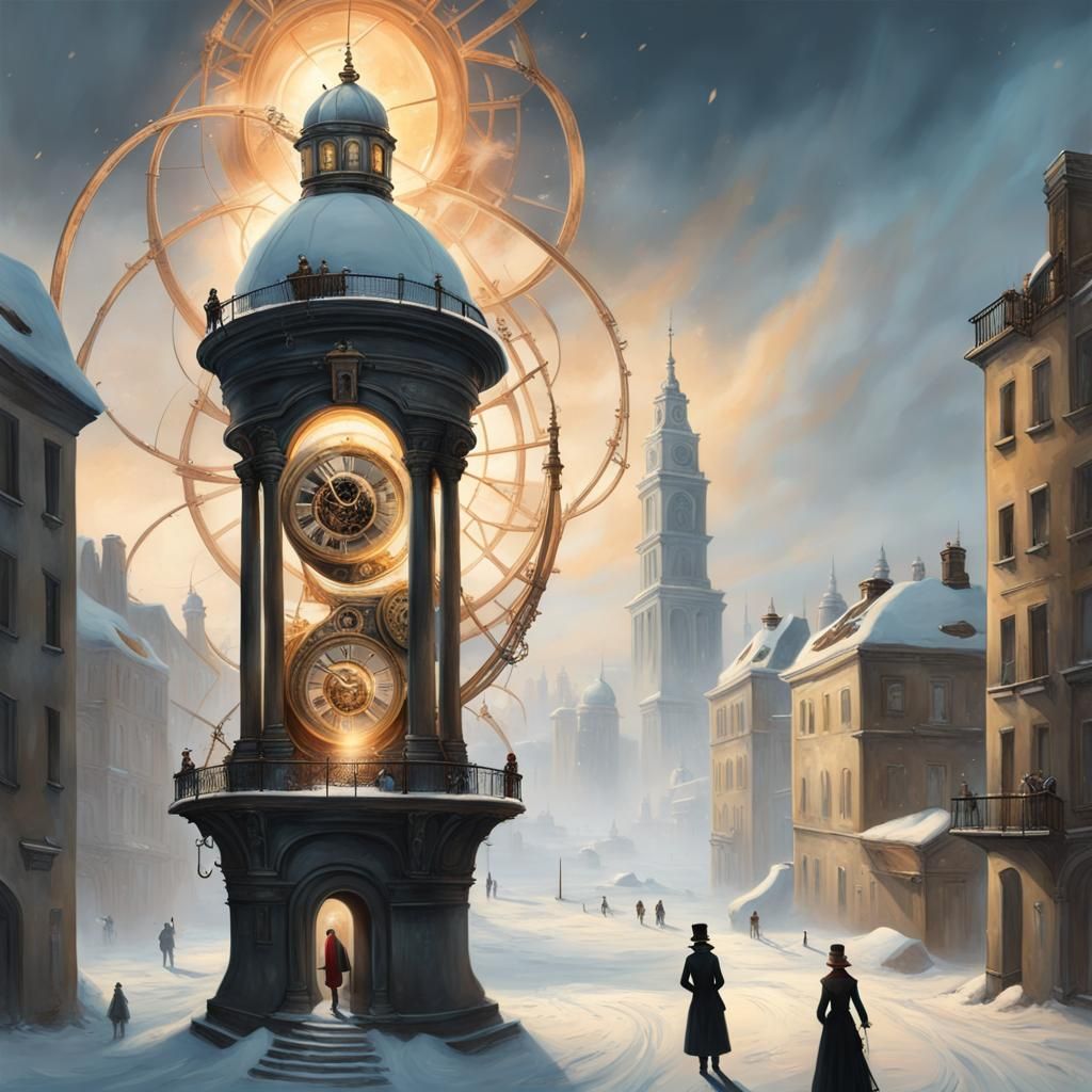 Steampunk Clocktower with Glowing Portal in Winter