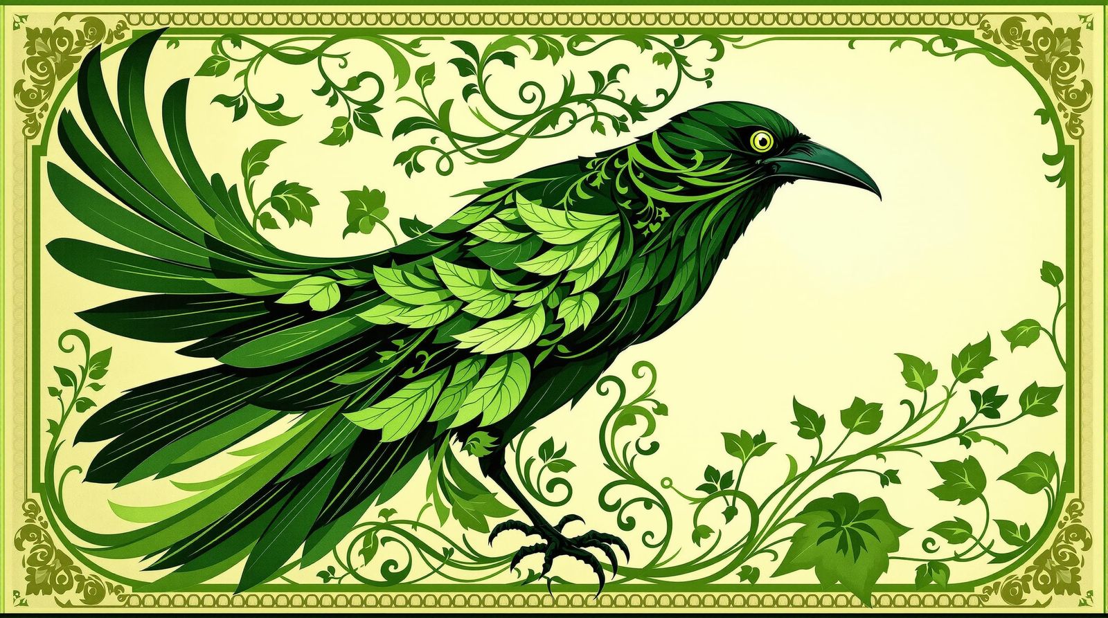 Art Nouveau Raven in Verdant Organic Style